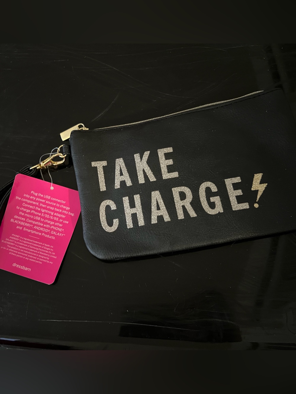 dressbarn Black Wristlet Clutch with Silver 'TAKE CHARGE' Lettering